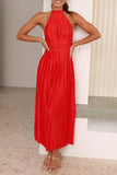 Momentlover Elegant Solid Backless Fold Halter Waist Skirt Dresses(4 Colors)