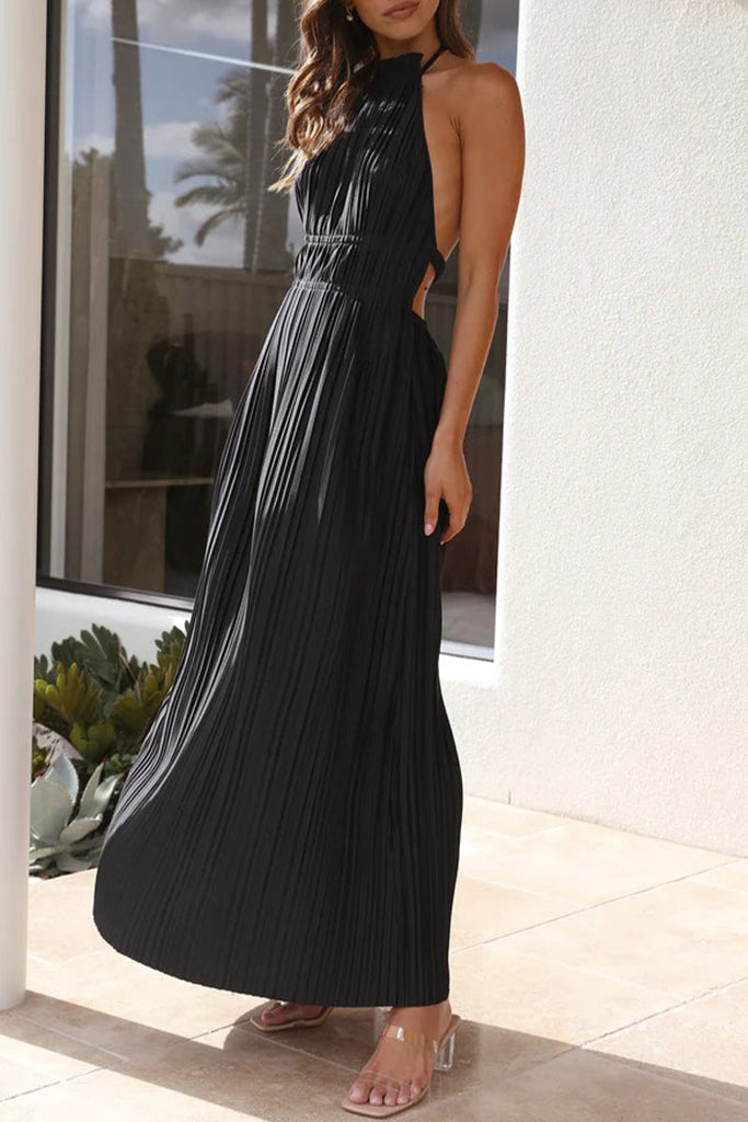 Momentlover Elegant Solid Backless Fold Halter Waist Skirt Dresses(4 Colors)