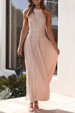 Momentlover Elegant Solid Backless Fold Halter Waist Skirt Dresses(4 Colors)