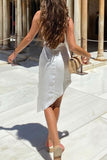 Momentlover Sexy Solid Backless Without Belt Asymmetrical V Neck Irregular Dress Dresses