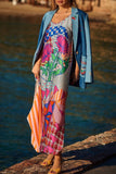 Momentlover Casual Print Contrast V Neck Sling Dress Dresses
