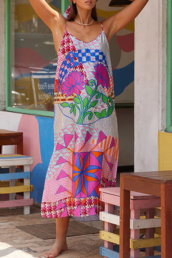 Momentlover Casual Print Contrast V Neck Sling Dress Dresses