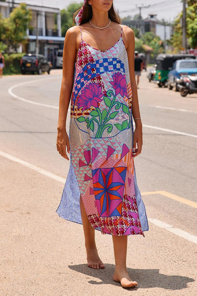 Momentlover Casual Print Contrast V Neck Sling Dress Dresses