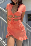Momentlover Sexy Simplicity Solid Frenulum V Neck Short Sleeve Dress Dresses