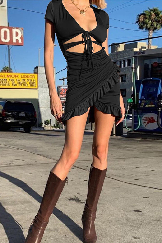 Momentlover Sexy Simplicity Solid Frenulum V Neck Short Sleeve Dress Dresses