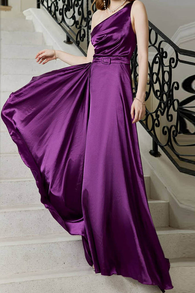 Momentlover Elegant Solid Slit Oblique Collar Evening Dress Dresses(4 Colors)