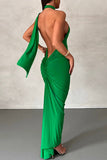 Momentlover Sexy Formal Solid Backless Halter Pencil Skirt Dresses