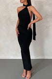 Momentlover Sexy Formal Solid Backless Halter Pencil Skirt Dresses