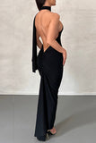 Momentlover Sexy Formal Solid Backless Halter Pencil Skirt Dresses