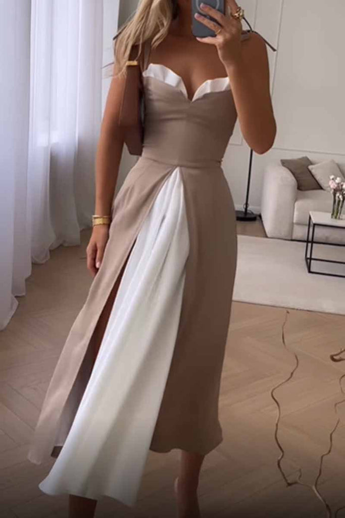 Momentlover Elegant Print Solid Patchwork Slit V Neck A Line Dresses(4 Colors)