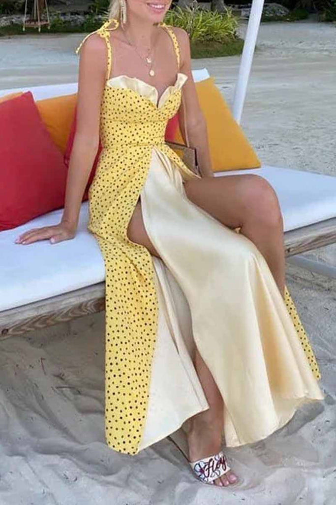 Momentlover Elegant Print Solid Patchwork Slit V Neck A Line Dresses(4 Colors)