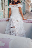 Momentlover Celebrities Elegant Solid Lace Hollowed Out Without Belt Off the Shoulder A Line Dresses
