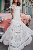 Momentlover Celebrities Elegant Solid Lace Hollowed Out Without Belt Off the Shoulder A Line Dresses