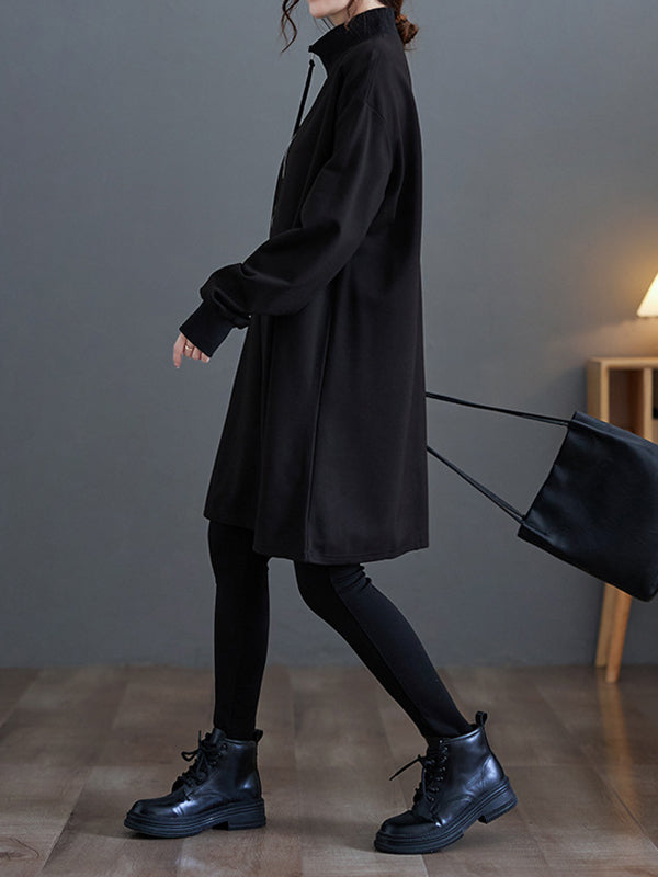 Momentlover Zipper Split-Joint Asymmetric Loose Long Sleeves Mock Neck Sweatershirt Mini Dresses