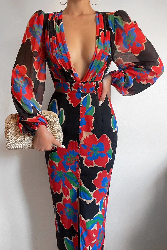 Momentlover Elegant Floral V Neck Printed Dress Dresses(7 Colors)