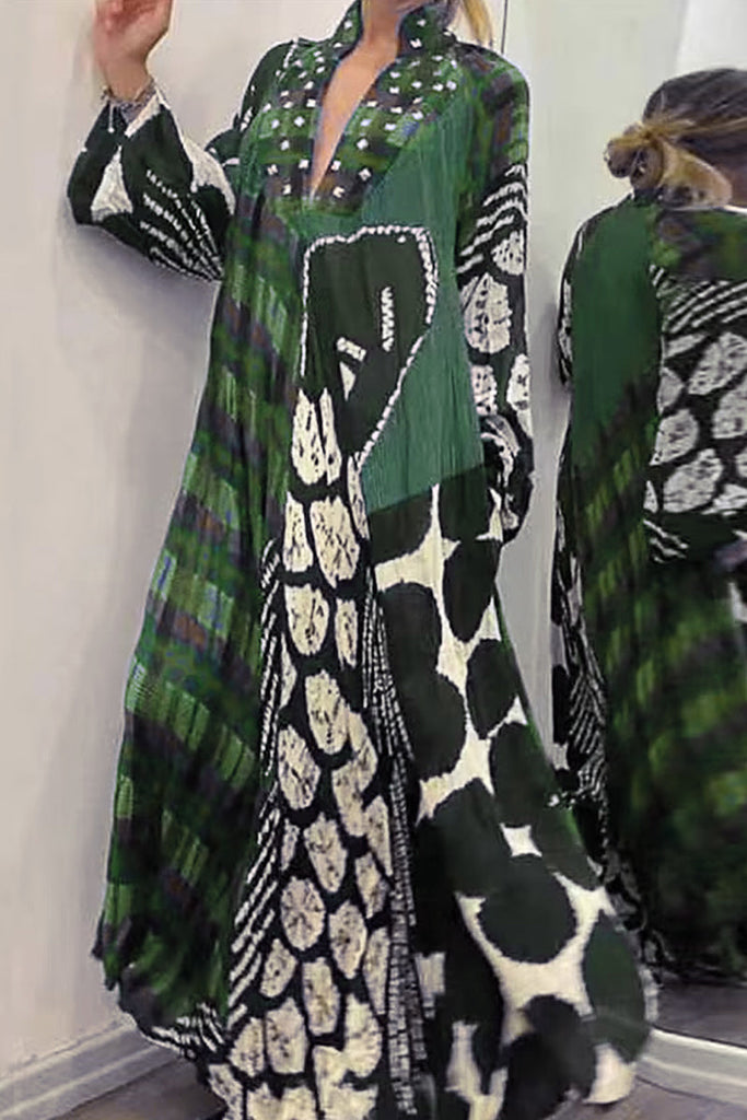 Momentlover Casual Vintage Print Pocket V Neck Printed Dress Dresses(3 Colors)