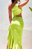 Momentlover Sexy Simplicity Solid Flounce Oblique Collar Irregular Dress Dresses