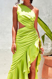 Momentlover Sexy Simplicity Solid Flounce Oblique Collar Irregular Dress Dresses