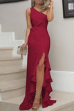 Momentlover Elegant Solid Flounce Slit One Shoulder Evening Dress Dresses(5 Colors)