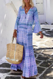 Momentlover Casual Print Patchwork V Neck Cake Skirt Dresses(5 Colors)