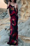 Momentlover Fashion Print Patchwork Spaghetti Strap Trumpet Mermaid Dresses