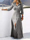 Momentlover Tied Waist Striped Buttoned Loose Long Sleeves V-neck Shirt Dress Maxi Dresses
