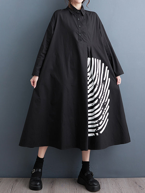 Momentlover Split-Joint Printed Pleated Buttoned Asymmetric Loose Long Sleeves Lapel Shirt Dress Midi Dresses
