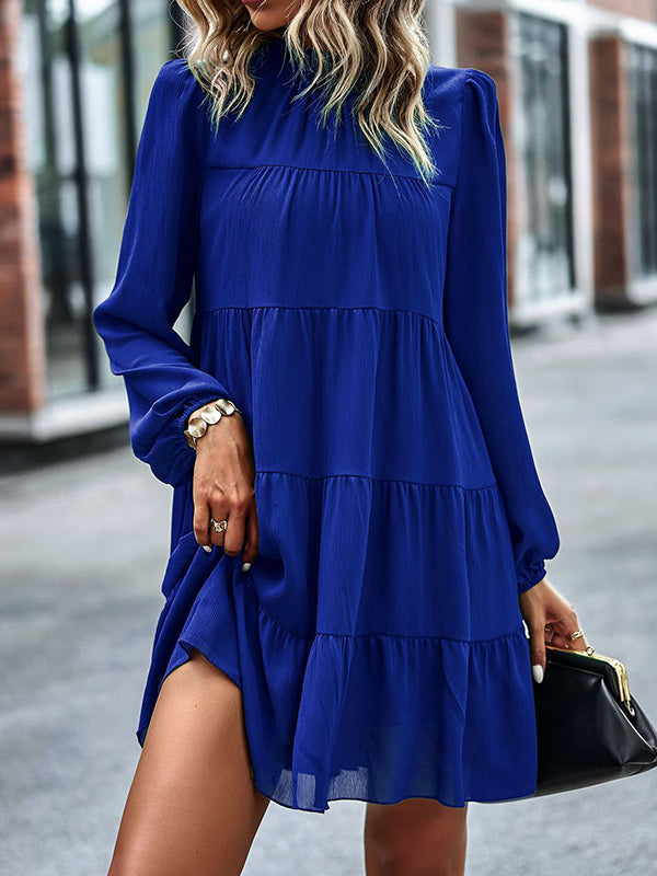 Momentlover Tied Split-Joint Solid Color Pleated Elasticity Long Sleeves High Waisted Mock Neck Mini Dresses