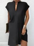 Momentlover Loose Short Sleeves Solid Color Split-Joint V-Neck Mini Dresses Short Dresses