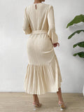 Momentlover A-line Long Sleeves Elasticity Pleated Solid Color Split-Joint Tied Waist Round-neck Midi Dresses