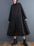 Momentlover Solid Color Polka-Dot Hollow Asymmetric Loose Long Sleeves Lapel Midi Dresses
