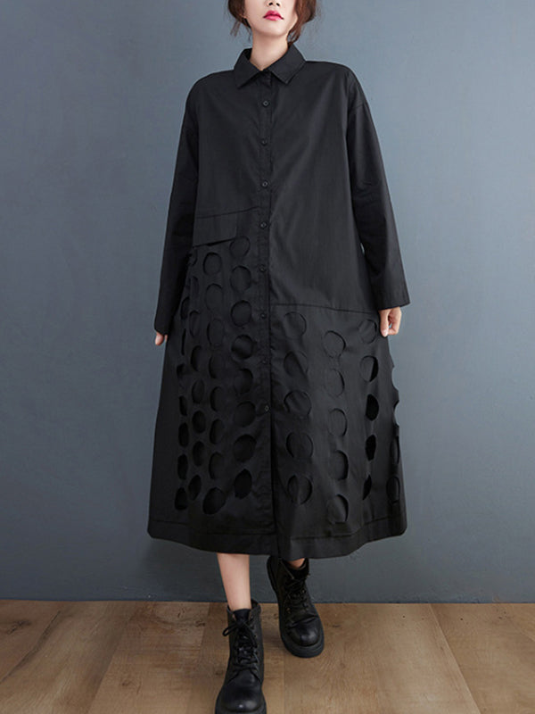 Momentlover Solid Color Polka-Dot Hollow Asymmetric Loose Long Sleeves Lapel Midi Dresses