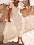 Momentlover Solid Color Pleated Buttoned Short Sleeves High Waisted Deep V-Neck Midi Dresses