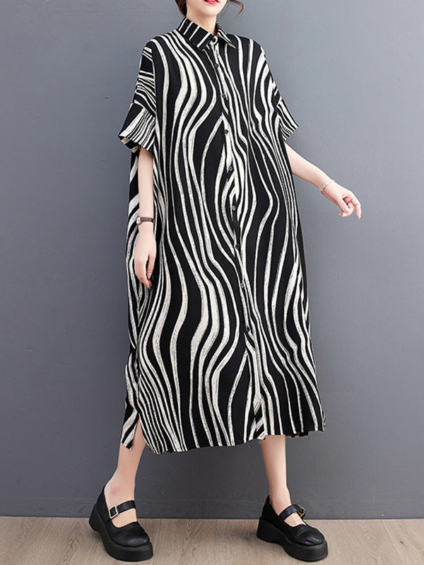 Momentlover Raglan Sleeve Oversize Zebra-Stripe Split-Joint Lapel Midi Dresses Shirt Dress