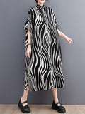 Momentlover Raglan Sleeve Oversize Zebra-Stripe Split-Joint Lapel Midi Dresses Shirt Dress