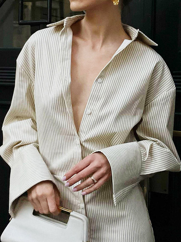 Momentlover Striped Buttoned Loose Long Sleeves Lapel Shirt Dress Mini Dresses