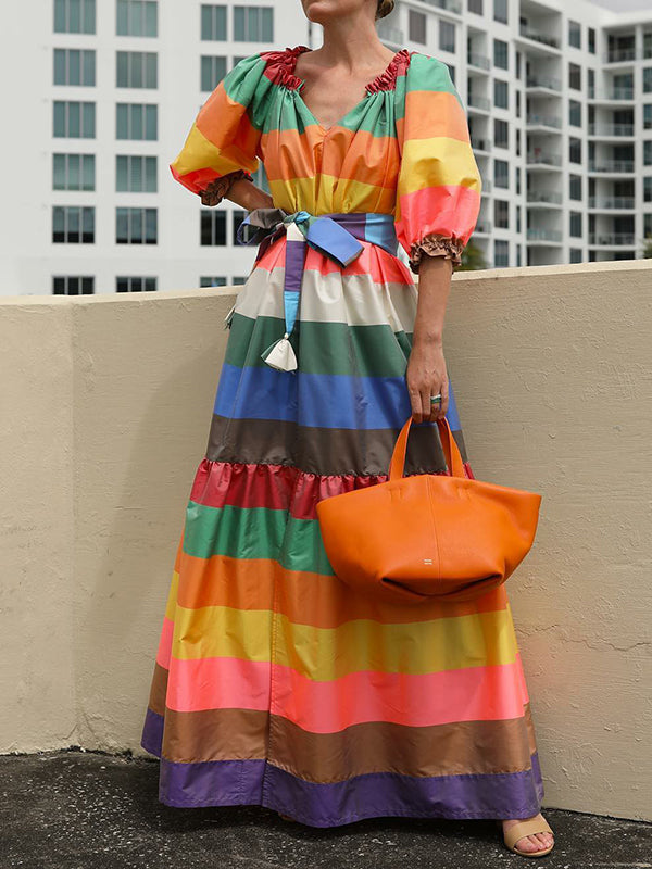 Momentlover Puff Sleeves Belted Multi-Colored Split-Joint Striped V-Neck Maxi Dresses
