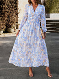 Momentlover Split-Joint Ruffled Flower Print Loose Long Sleeves Deep V-Neck Maxi Dresses