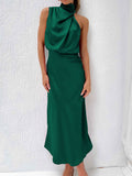 Momentlover Solid Color Sleeveless Halter-Neck Midi Dresses