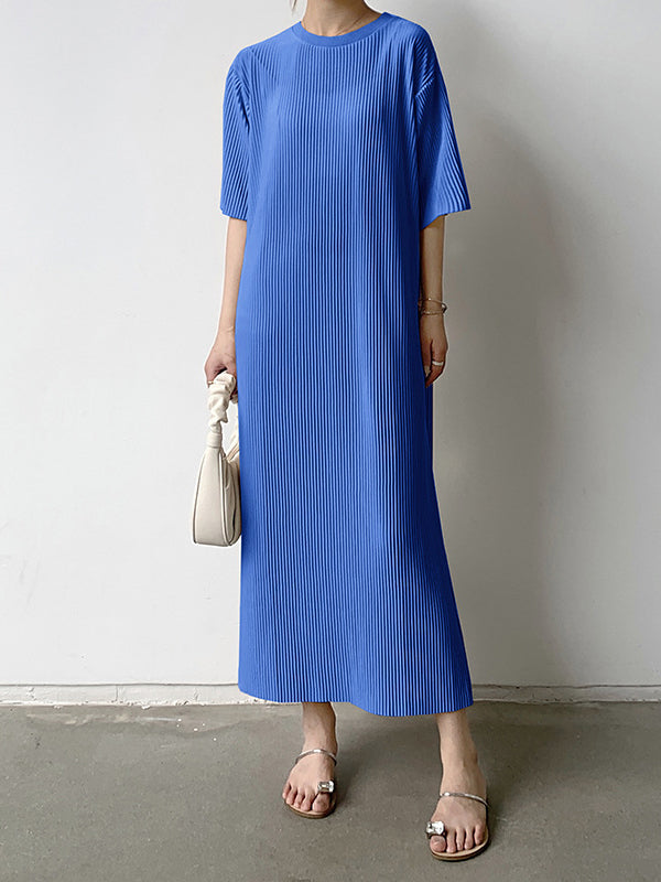 Momentlover Solid Color Pleated Loose Half Sleeves Round-Neck Midi Dresses