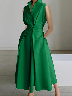 momentlover Sleeveless Solid Color Lapel Midi Dresses