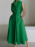 momentlover Sleeveless Solid Color Lapel Midi Dresses