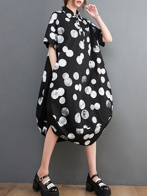 Momentlover Polka-Dot Short Sleeves Loose Lapel Midi Dresses