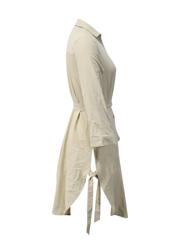 Momentlover Tied Waist Split-Side Solid Color Buttoned Loose Long Sleeves V-Neck Mini Dresses