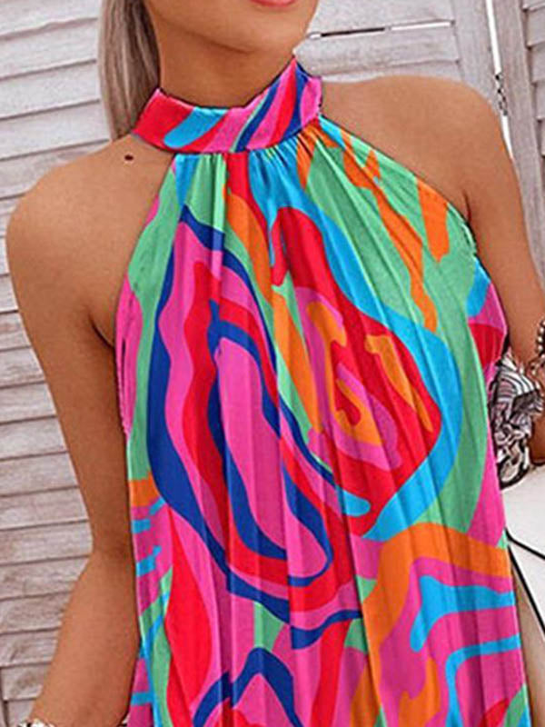 Momentlover Loose Plus Size Pleated Printed Halter-Neck Mini Dresses Short Dresses