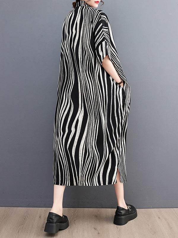 Momentlover Raglan Sleeve Oversize Zebra-Stripe Split-Joint Lapel Midi Dresses Shirt Dress
