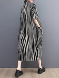 Momentlover Raglan Sleeve Oversize Zebra-Stripe Split-Joint Lapel Midi Dresses Shirt Dress