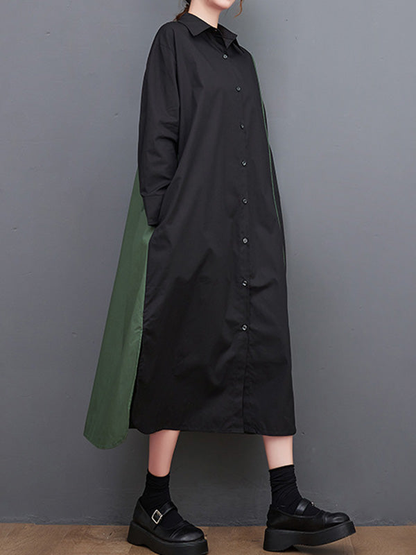 Momentlover Split-Side Split-Joint Buttoned Asymmetric Loose Long Sleeves Lapel Shirt Dress Midi Dresses