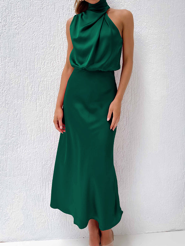 Momentlover Solid Color Sleeveless Halter-Neck Midi Dresses