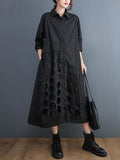 Momentlover Solid Color Polka-Dot Hollow Asymmetric Loose Long Sleeves Lapel Midi Dresses